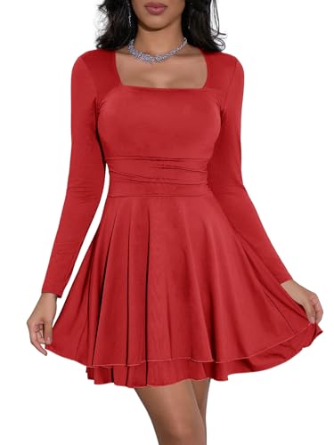 Cicy Bell Damen Kleider Langarm Quadratischer Ausschnitt Partykleid Rüschensaum Korsett Minikleid Geraffte Taille Kleid Kurz Elegant Bodycon Rot L
