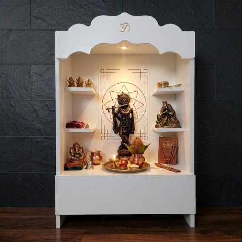 Image of Alpine Willow 3 Ft X 2 Ft Wooden Temple (DIY Assembly-Do it Yourself) I Mandir for Home I Pooja ghar I Corian Design devghar I Medium Size Temple for Home I Pooja Mandir Unit I Devghar with LED Light