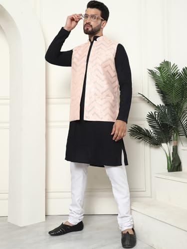 Image of SOJANYA (Since 1958 Men's Pure Cotton Kurta and White Pyjama with Sequins Nehru Jacket