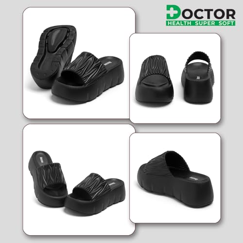 Image of DOCTOR HEALTH SUPER SOFT Women Puffy Strap Platform Slides | Soft Cushioned Fashion Slippers | Lightweight Anti-Slip Casual Slip-On Sandals for Indoor Outdoor Everyday Wear