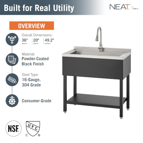 Image of Stainless Steel Utility Sink, Oversized Freestanding Single Bowl Utility Sink with Pull-Out Faucet, for Garage, Laundry Room, Shop, NSF Certified, 36 inchW x 20 inchD x 50 inchH, Black