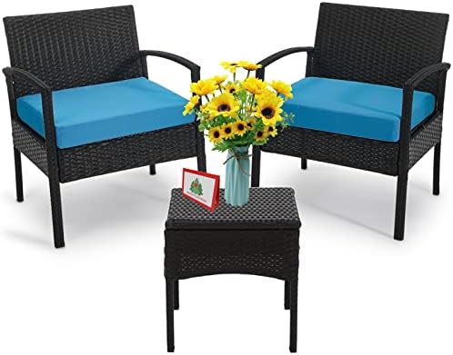 HOMEZILLIONS 3 Piece Patio Set Balcony Furniture Outdoor Patio Conversation Sets Patio Chairs for Patio, Porch, Backyard, Balcony, Poolside and Garden with Coffe Table and Cushions Blue