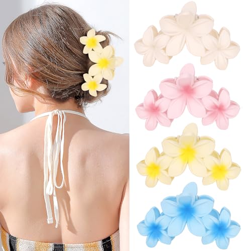 ANBALA 4PCS Flower Matte Claw Clips for Thick Hair - Large Plumeria Hair Accessories for Women, Summer Beach Hair Clips (Colorful)
