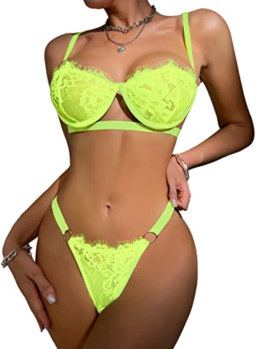 Dlsave Sexy Lingerie for Women Eyelash Lace Mesh Matching Bra and Panty Sets Push Up Lace Bralette 2 Piece Lingerie Set Neonyellow