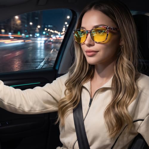 Image of Myiaur Women's Polarized Night Driving Glasses, Anti-Glare Yellow Lens | Nighttime Driving Glasses Boost Low Light Vision, UV400 Protection, Lightweight Frame For Night Driving, Rain & Fog