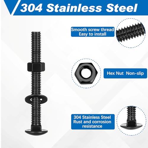 Image of Zonon 25 Sets 3 /8-16 x 3-1 /2 Stainless Steel Carriage Bolts and Nuts Kit Round Head Square Neck Carriage Bolts Screws and Hex Nuts and Flat Washers, Stainless 18-8 Full Thread Coverage (Black)