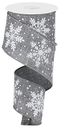 Glittered Snowflake Wired Edge Ribbon - 10 Yards (Grey, White, 2.5
