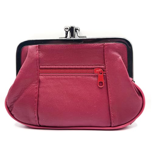 Charmoni - Portefeuille Femme - Porte Monnaie Fermeture clic clac Fermoir - Poche zippée - en Cuir d'agneau - 15 x 10 x 1 cm (Bordeaux)