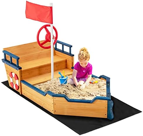 GYMAX Kids Wooden Sandbox, Pirate Ship Sandpit with Bench Seats, Hidden Storage, Flag, Rudder & Non-woven Fabric Liner, Garden Sand Pit for Children