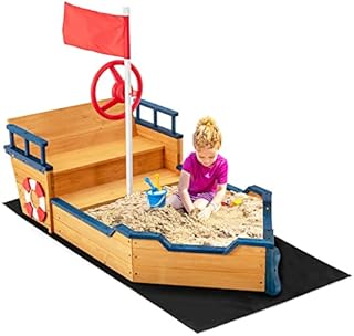 GYMAX Kids Wooden Sandbox, Pirate Ship Sandpit with Bench Seats, Hidden Storage, Flag, Rudder & Non-woven Fabric Liner, Garden Sand Pit for Children