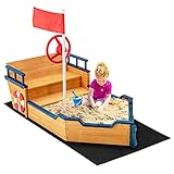 COSTWAY Arenero Infantil con Forma de Barco de Piratas de Madera con Banco y Bandera, Barco de los Piratas, Set de Exterior con Amplio Espacio para Niños, para Patio Casa Césped Jardín Playa