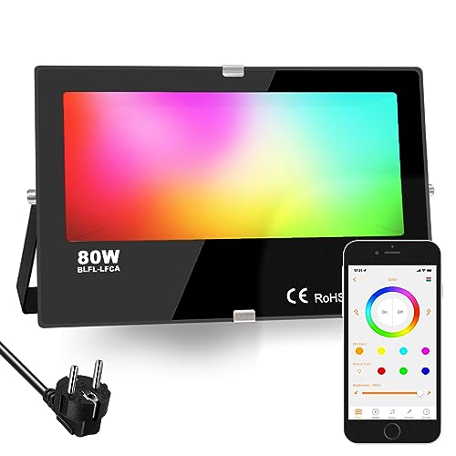 iLC LED Faretto Esterno 80W, equivalente a 800W, Cambio Colore Rgbw, 16 Milioni Colori, Raggruppamento, Timer 8000 Lumen, Bianca Calda 2700K, Impermeabile Ip66