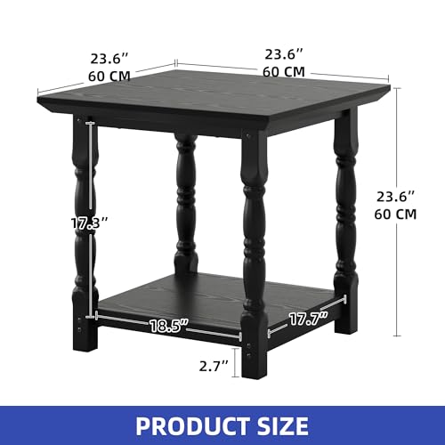 DWVO Farmhouse Square Coffee Table, Antique Accent Side Table with Floor Shelf, 23.6"x 23.6" Living Room Furniture, Black