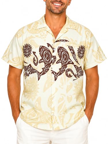 King Kameha Funky Camisa Hawaiana, Manga Corta, Maori Chest, Beige, 3XL