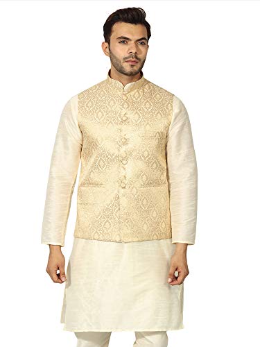 Image of Uri and MacKenzie Men's Silk Blend Regular Kurta Churidar Pyjama with Bundi Nehru Jacket /Waistcoat