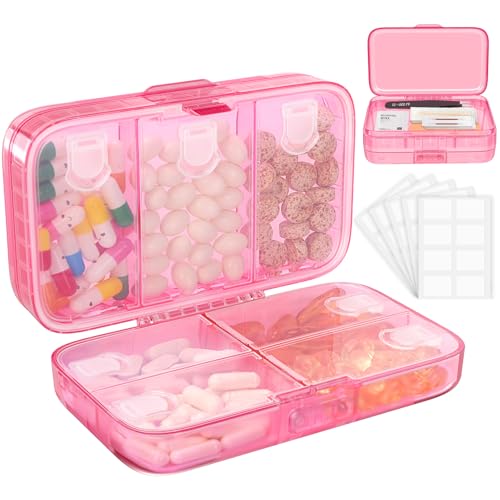 Image of FYY Weekly Pill Organizer with Labels,8 Compartments Travel Daily Pill Case Airtight Moistureproof Large Pill Box to Hold Vitamins, Fish Oil, Supplements,Cotton Swab and Bandages-Hot Pink