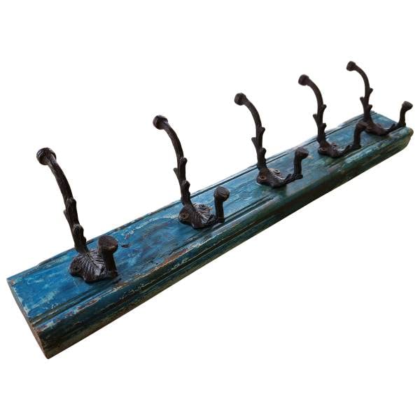 Porte-manteau mural de couloir vintage avec 5 crochets en bois massif Bleu clair