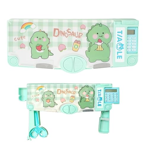 Image of Multifunctional School Pencil Box with Calculator Cute Cartoon Stationary Compass for Boys Geometry Kids with Inbuilt Scissor Ruler Eraser&Sharpener Box Best Gift (Green Dinosaour-Calculator)