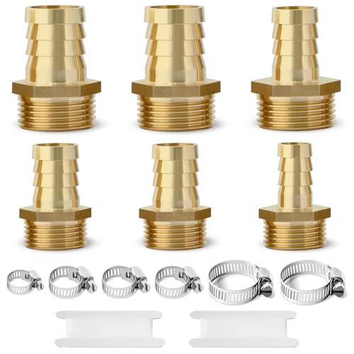 Image of Josaton 6Pcs Barb Hose Connector Set, 1" and 3/4" BSP Male Thread Hose Tail Brass Hose Barb Fitting with Pipe Clamp, Garden Hosetail Adapters for Air Water Fuel