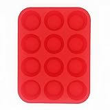 BakeWarePlus 12 Cups Silicone Muffin Pan and Cupcake Pan Maker Non - Stick Red