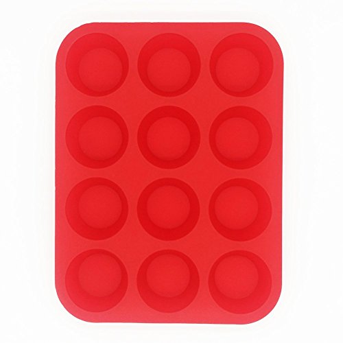 BakeWarePlus 12 Cups Silicone Muffin Cupcake Pan Baking Mold Red Non-stick Reusable and Heat Resistant