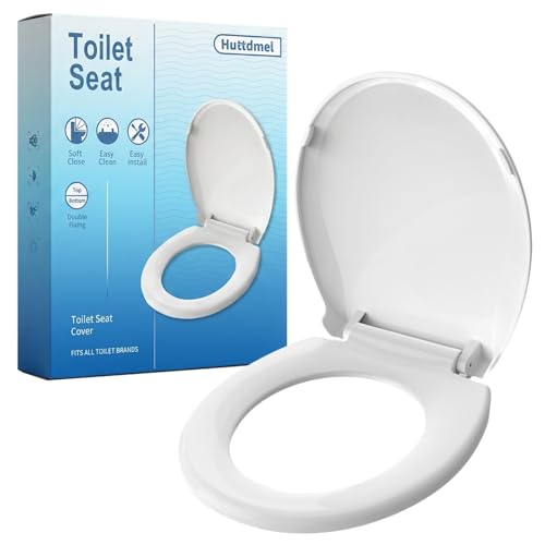 Huttdmel Round Toilet Seat 16.5", Soft Close Quiet Lid, Top & Bottom Mount, Never Loosen Hinges, Easy Install, Heavy Duty PP No Yellowing, Fits Standard Round Toilets, White