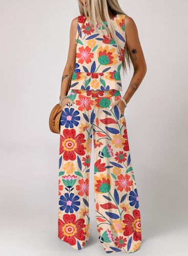 Image of Dokotoo Womens 2 Piece Outfits Tank Tops Elastic Waist Wide Leg Pants Sets | Sleeveless,Wide Leg,Loungewear Set,Cruise Travel Outfits,Beach Vacation Clothes,With Pocket