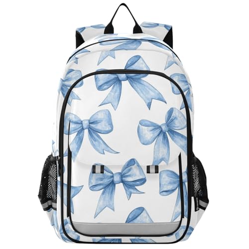 Blue Watercolor Coquette Bow Backpack for Boys Girls Elementary School Bag Kids Bookbag Travel Rucksack With Reflective Stripes