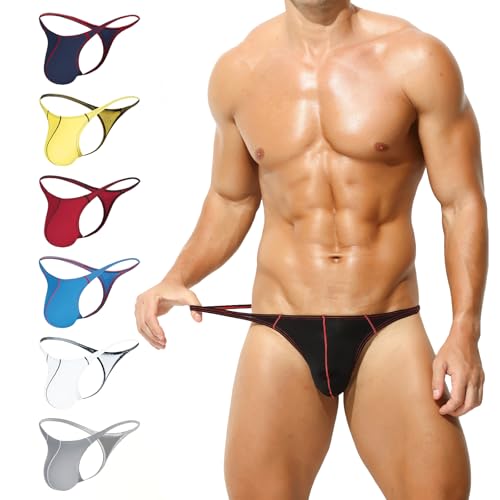 KAREN SPACE Mens Thong Underwear Sexy Mens Underwear Ice Silk Fabric Bikini G-String Thongs 1960DK-1P-Black-Medium