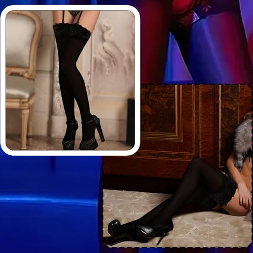 Image of LLOUSSAK Black Thigh High Stockings for Women, Plus Size Sheer Black Thigh Highs Pantyhose, Black TightsPantyhose for Women, Knee High Stockings for Women, Lace Top Thigh High Stockings