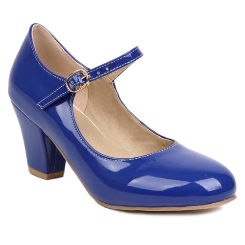 Women's Chunky High Heels Dress Pumps Shoes Round Toe Patent Leather Wedding Party Mary Jane Shoes