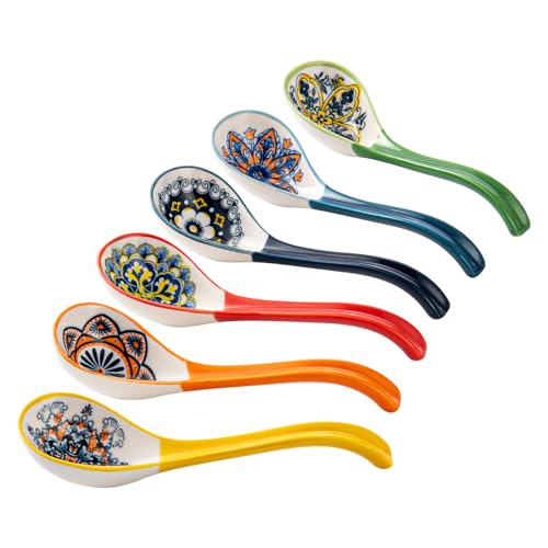 HENXFEN LEAD Suppenlöffel Porzellan, 6,5 Zoll Ramen Löffel für Suppe, Knödel, Reis, und Pho Wonton Nudeln. Bunte, 6er Pack - Bohemian Style