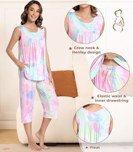 Image of NACHILA Pajamas for Women-Viscose Made from Bamboo, Sleeveless Pjs Top and Capri Pants Pajama Set Cool Pleated Sleepwear