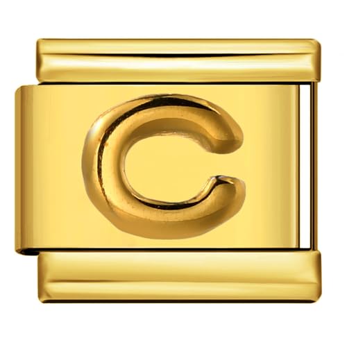 Mon & Sons C Embossed 18k Gold Letter Initial Name Tag Alphabet Personalised Birthday Silver Italian 9mm Link Stainless Steel Bracelet Charm Compatible With 9mm Link