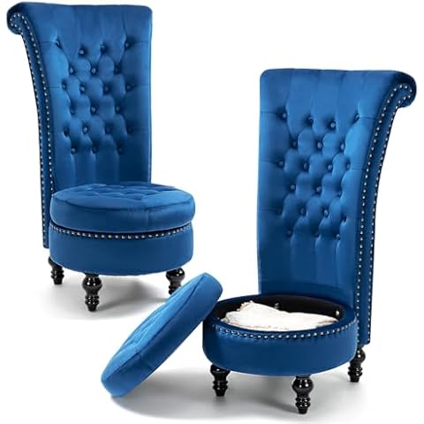 AVAWING High Back Throne Chair Set of 2, Velvet Armless Royal Accent Chair w/Storage, Nailhead Trim & Rubberwood Legs for Living Room & Bedroom, Blue Cover