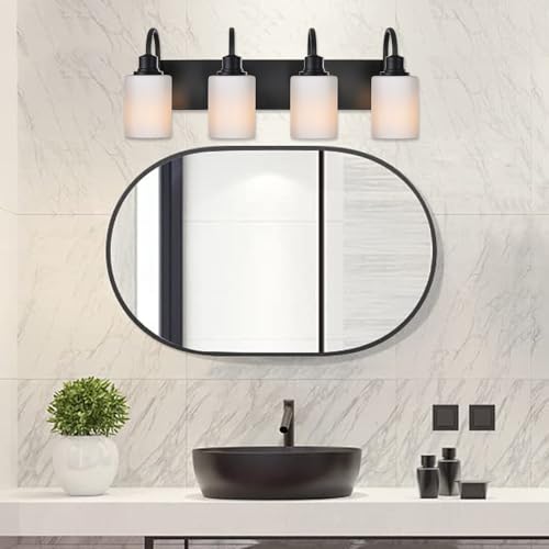 Image of 4 Light Vanity Light Fixture,Matte Black Wall Sconces Lighting with Opal White Glass Shade Metal Interior Bathroom Lights Over Mirror for Hallway Bedroom