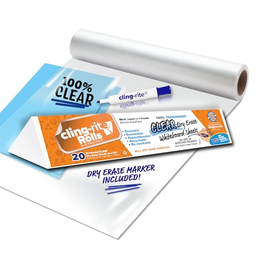 Clingers Clear Dry Erase Cling-rite Rolls - Removable, Recyclable Whiteboard Sheets, 20x30 Inch, 20 Clear Sheets for School, Office Decor, and Art Projects & Dry Erase Marker Included - American Made