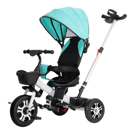 Toddler Buggies Tricycle for Age 1-5,Kids Trike with Removable canpoy and Parent Push Handle,Toddler Stroller Trolley,Parent Push Trike,Swivel seat with Recline Back,Titanium Wheel (white green titan