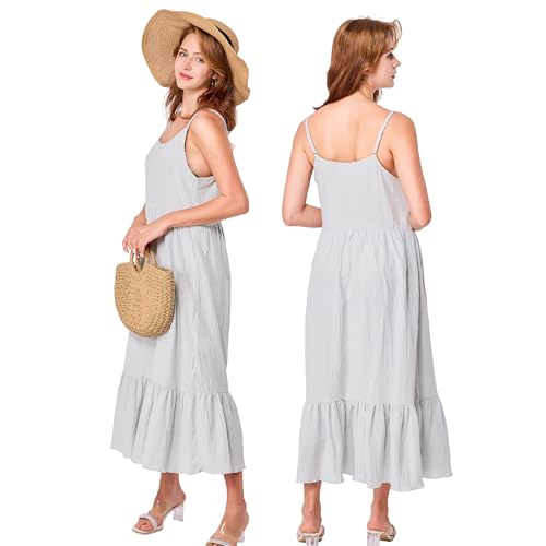 Image of Simple&Opulence Women Summer Casual Cotton Maxi Dress, Loose Sleeveless Spaghetti Strap Tiered Boho Flowy Sundress for Beach
