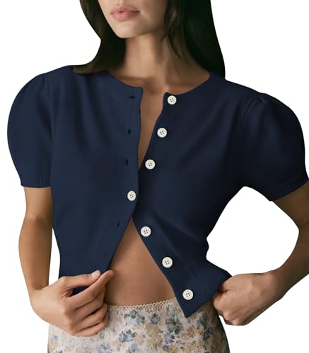 Image of Womens Puff Short Sleeve Cardigan Sweaters Cropped Button up Lightweight Y2k Knit Summer Cardigans
