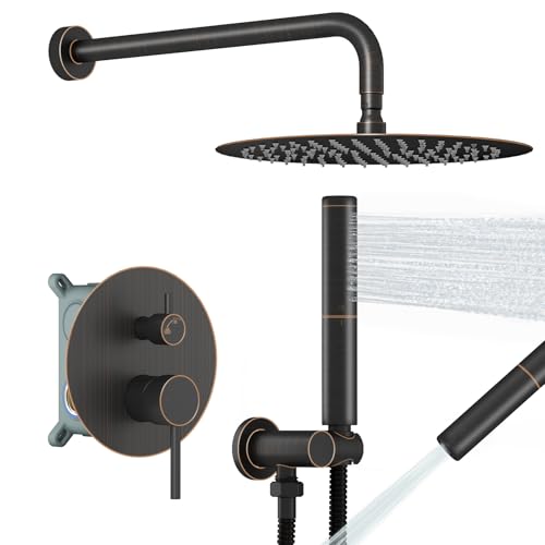 Image of BESy Shower System with 10 Inch Round Rain Shower Head and Handheld Wall Mounted, High Pressure Rainfall Shower Faucet Fixture Combo Set with 2 in 1 Handheld Showerhead for Bathroom, Bronze