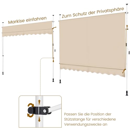 Yaheetech Klemmmarkise 300cm Breit Balkonmarkise mit Handkurbel Sonnenschutz ohne Bohren Sonnenmarkise höhenverstellbar Markise mit Gestell, Beige