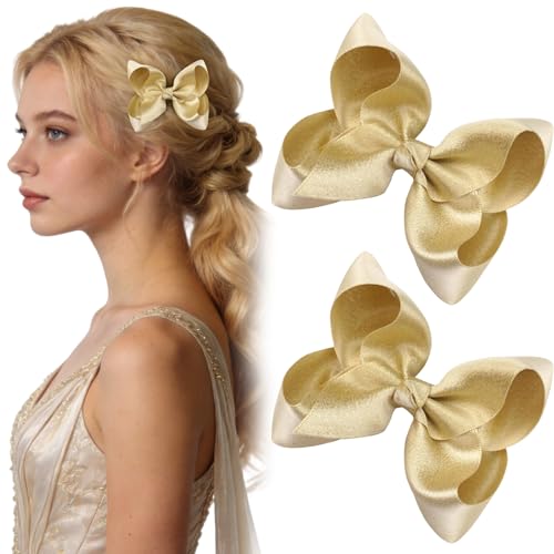 4.5Inch Ribbon Gold Hair Bows for Women Girls Sparkling Satin Hair Clips Non Slip Alligator Hair Accessories for Wedding Festival Party Daily 2PCS