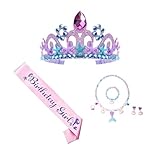Mermaid Birthday Party Dress Up Set, 6 Pcs Princess Theme Party Decorations with Shoulder Strap Ceremonial Belt Crown Headband Necklace Bracelet for Birthday Celebrations (Purple)