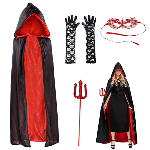 Deguisement Diable Femme, Halloween Deguisement Femme Diable, Deguisement Vampire Femme avec Baton du Diable, Cache-œil en Dentelle et Gants en Dentelle Costume Carnaval Deguisement Carnaval Adulte