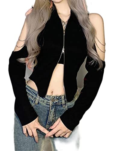 WSZJLN Épaule Ouverte Gothique chaîne Blouses Zip Patchwork Noir Femmes T-Shirts Sexy à Manches Longues Streetwear Crop Hauts