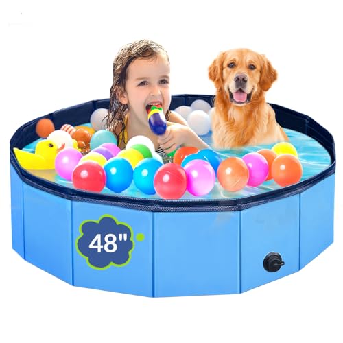 Dog Pool, Foldable Pet Swimming Pool with 6mm High-Strength PP Board, Hard Plastic Collapsible Doggy Pools for Small Dogs Kitty Duck, Non-Slip Doggie Bathtub Quick to Set Up and Drainage Hole, 48.2'