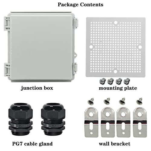 Image of Zulkit Junction Box,IP67 Waterproof Electrical Box Hinged Cover Stainless Steel Latch Plastic Enclosure for Project with Mounting Plate Wall Bracket and 2 Cable Gland Grey 5.9 inchx5.9 inchx3.5 inch(150x150x90mm)