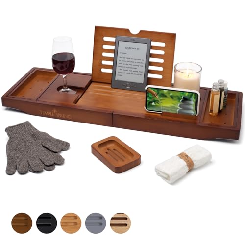 Temple Spring Estante Baño, Bambu Bandeja Baño, Bandeja Bañera Extensible, Accesorios Bañera – Marrón