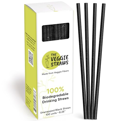 Image of The Veggie Straws - 100 PCS of 8.25 Inches Unwrapped Biodegradable Black Straws - Made of Vegetable Fibers, Best Environment Friendly Drinking Straws for Hot and Cold Beverages